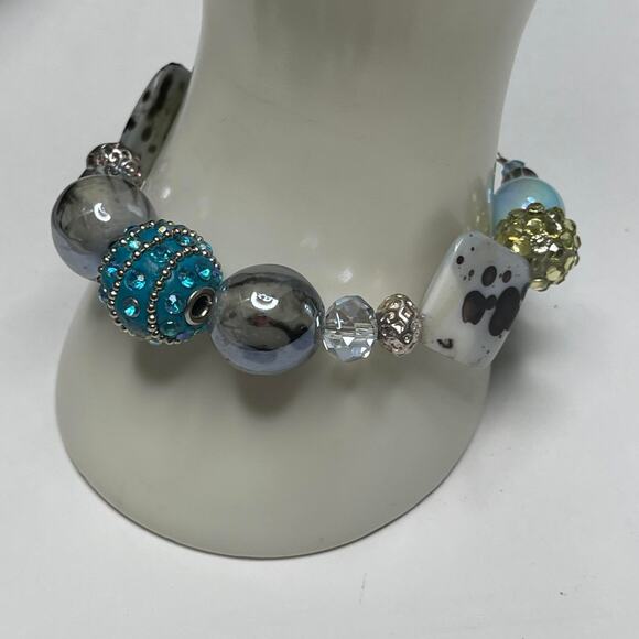bracelet chunky beaded silver tone with turquoise blue toggle clasp artisan poss - Picture 2 of 16
